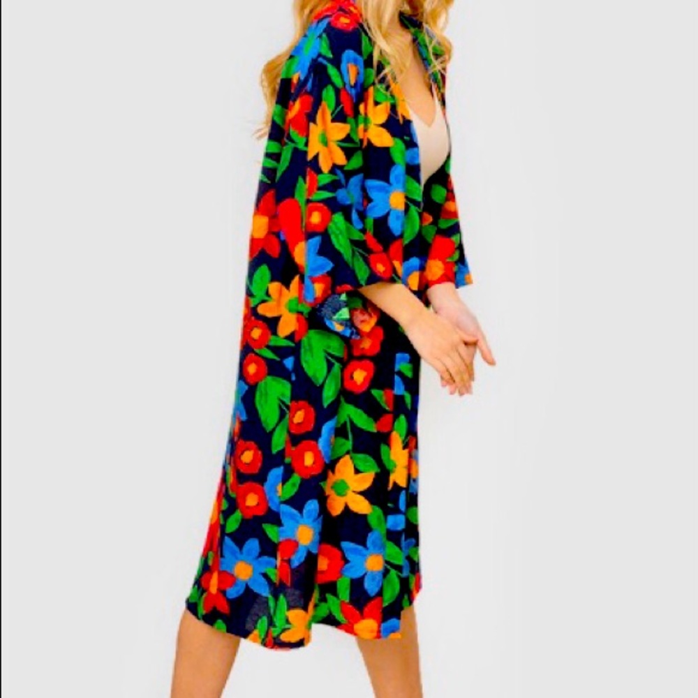 Navy Kimono w/ Blue, Green, Red & Yellow Flowers!!